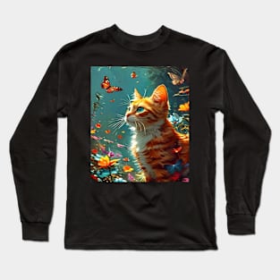 Cat and Butterflies, Cute Design With Animals Long Sleeve T-Shirt